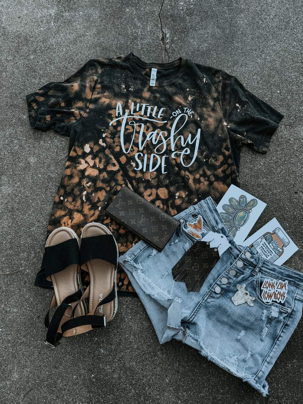 Complete Outfit Bundle – Judy Blue Shorts, Soda Sandals, Wallet + Statement Earrings