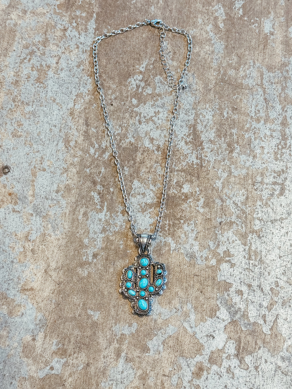Turquoise Cactus Pendant Necklace – Western Silver Chain Statement Necklace