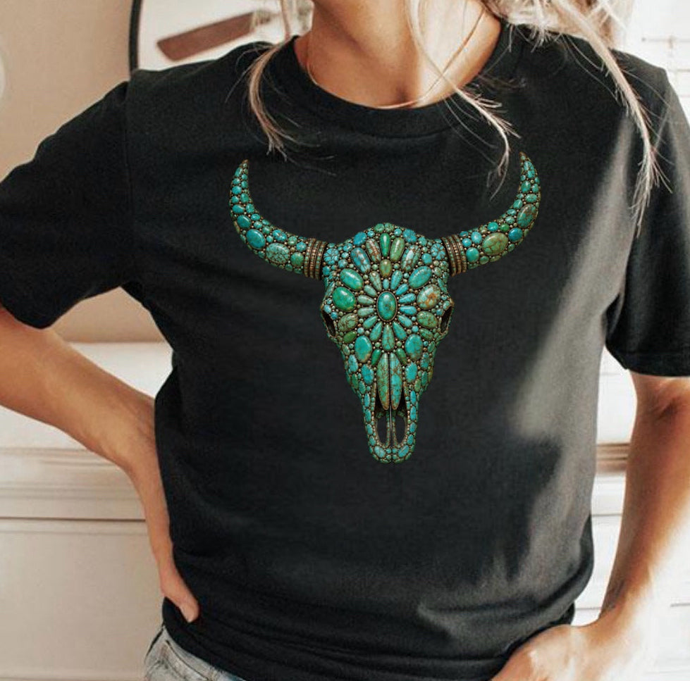 Turquoise Bull Skull Western Graphic Shirt