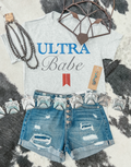 Ultra Babe Graphic on Gildan DryBlend Ash Shirt – Graphic Tee, Long Sleeve & Crewneck.