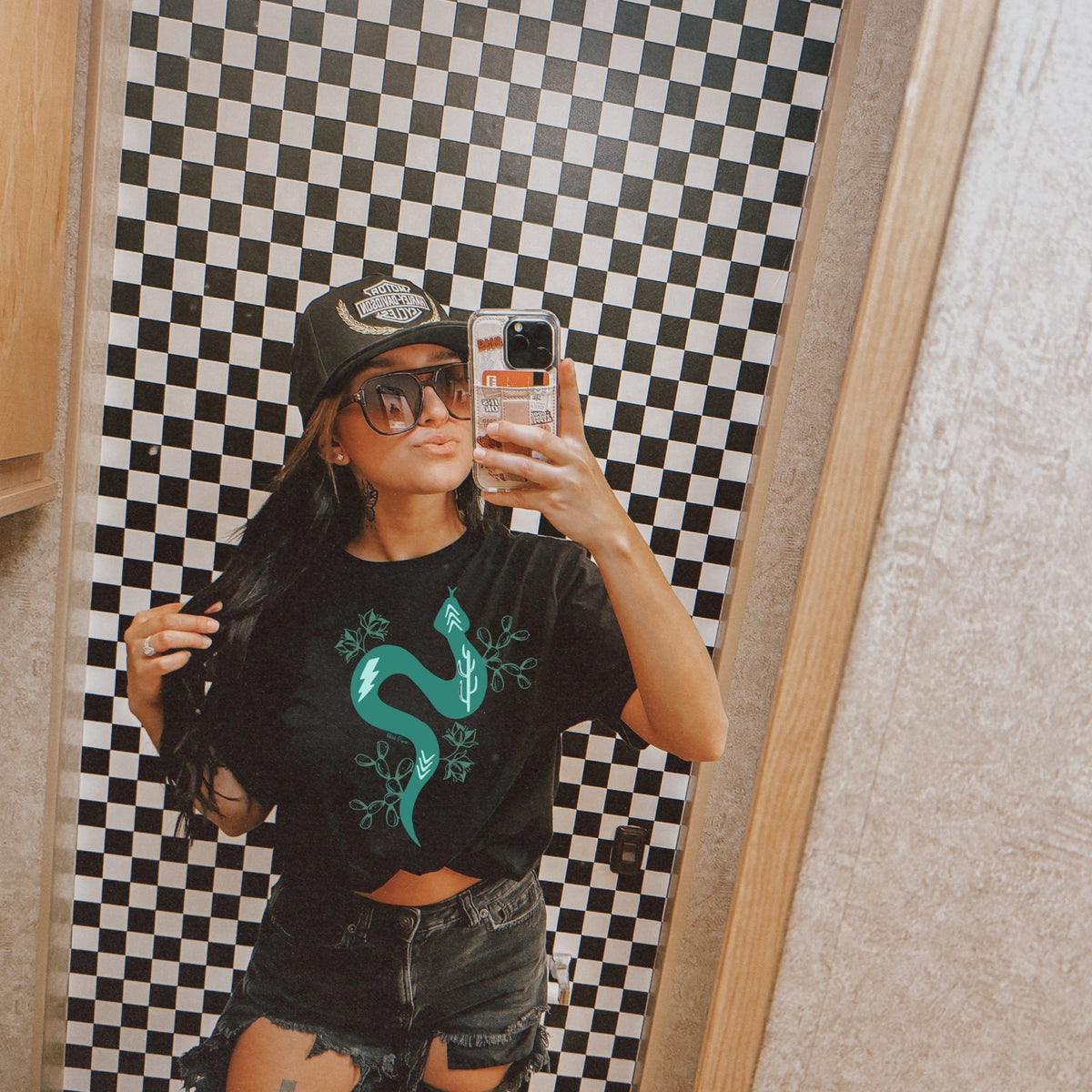 Turquoise Western Snake Graphic Shirt on Gildan Softstyle Black Shirt – Graphic Tee, Long Sleeve & Crewneck.