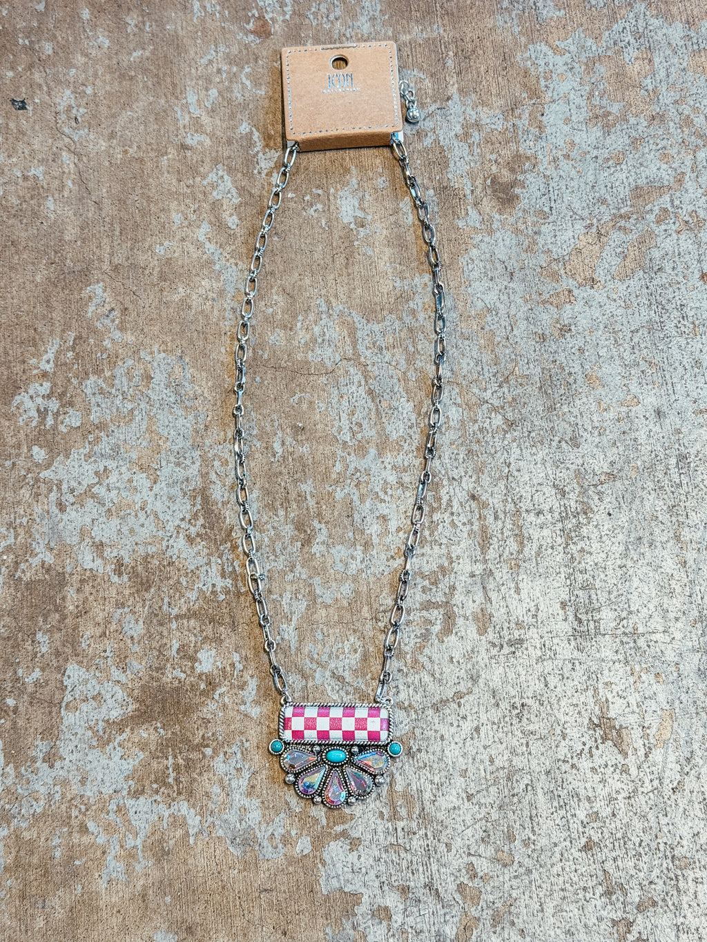 Pink Checkered Crystal Fan Pendant Necklace – Turquoise Accent Western Glam Necklace