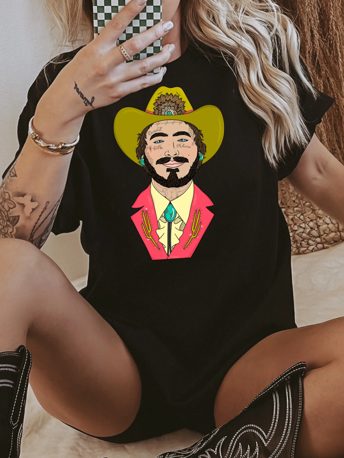 Tattooed Cowboy Portrait Graphic on Gildan Softstyle Black Shirt – Graphic Tee, Long Sleeve & Crewneck.