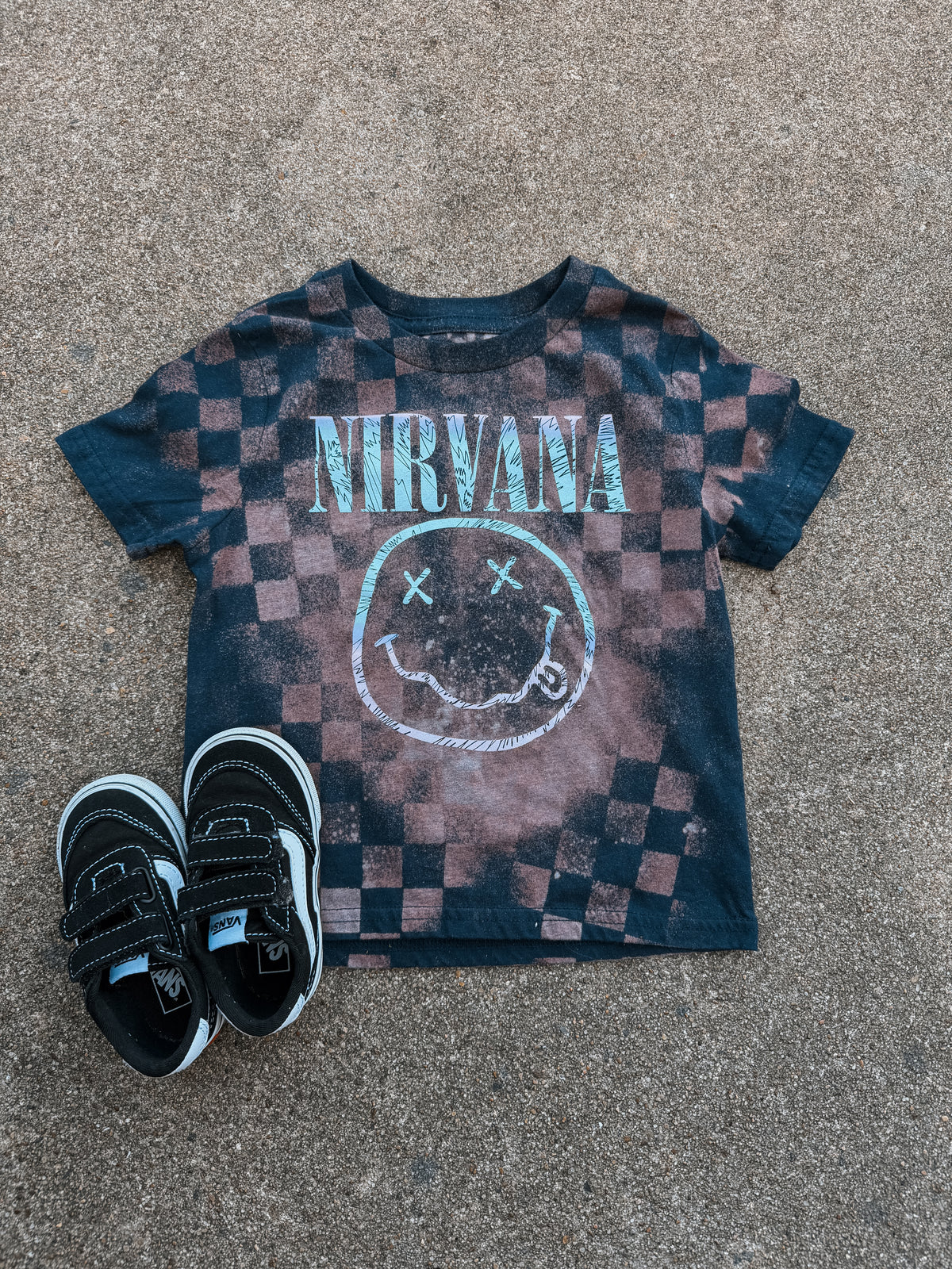 Upcycled By Katie Nirvana Smiley Face Tee – Hand-Bleached One-of-a-Kind (4T) Shirt – Graphic Teen
