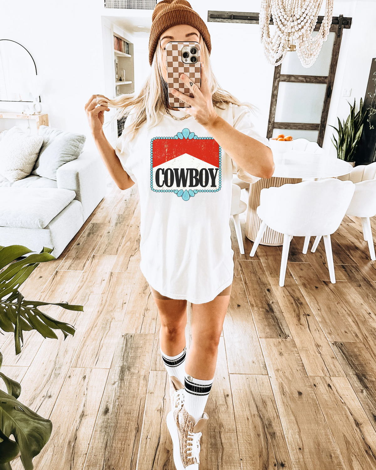 Cowboy Turquoise Frame Graphic on Gildan Softstyle White Shirt – Graphic Tee, Long Sleeve & Crewneck.