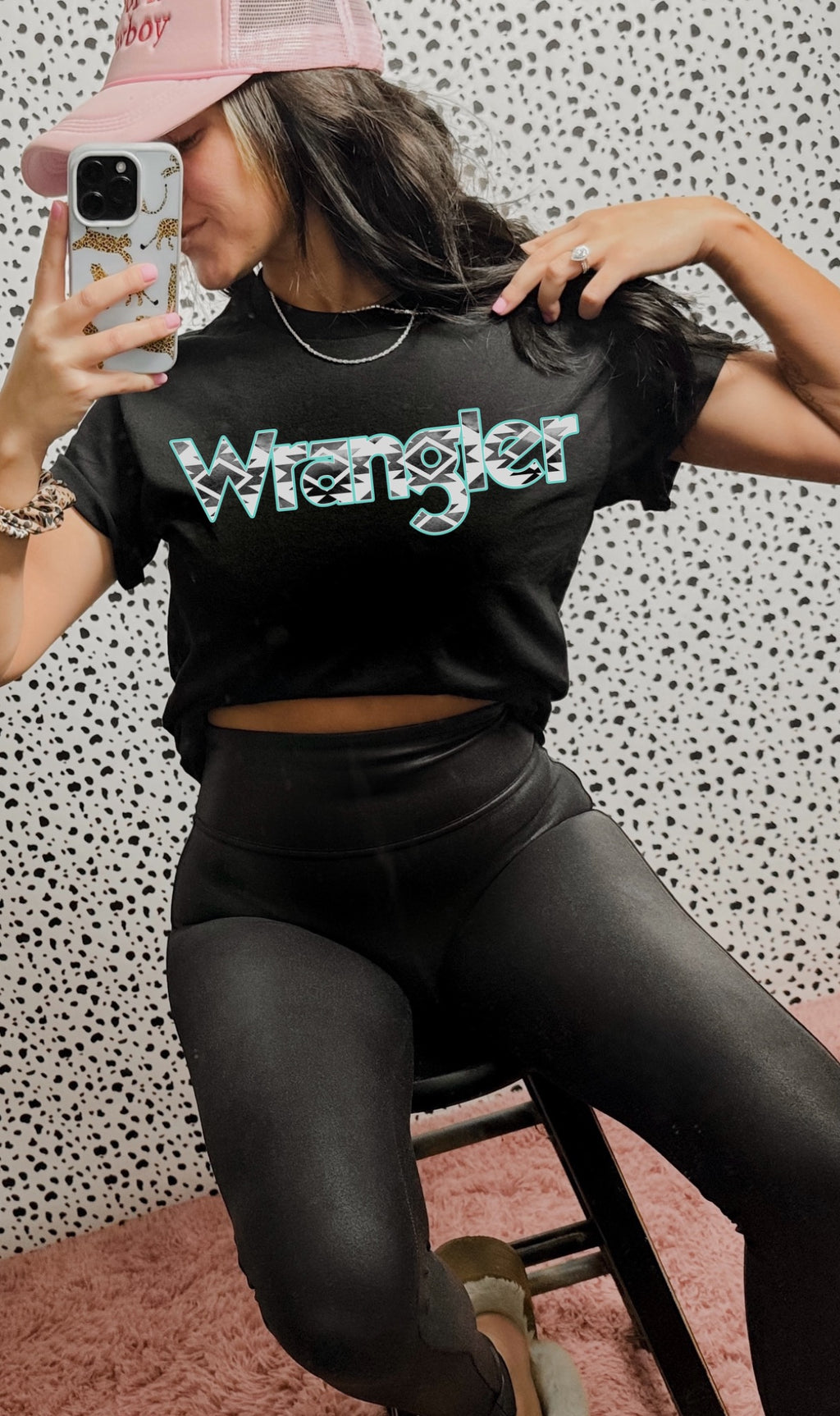 Wrangler Aztec Turquoise Graphic on Gildan Softstyle Black Shirt – Graphic Tee, Long Sleeve & Crewneck.