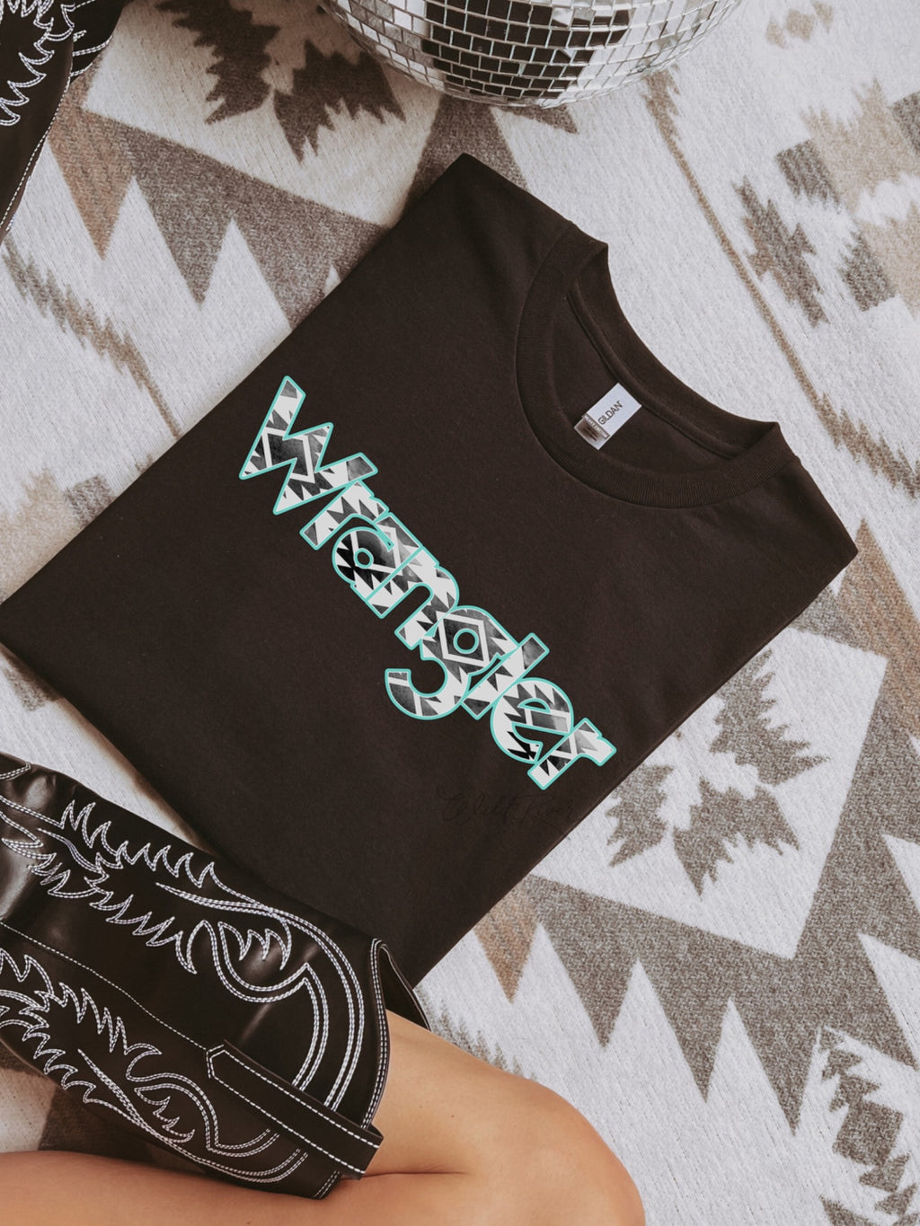 Wrangler Aztec Turquoise Graphic on Gildan Softstyle Black Shirt – Graphic Tee, Long Sleeve & Crewneck.