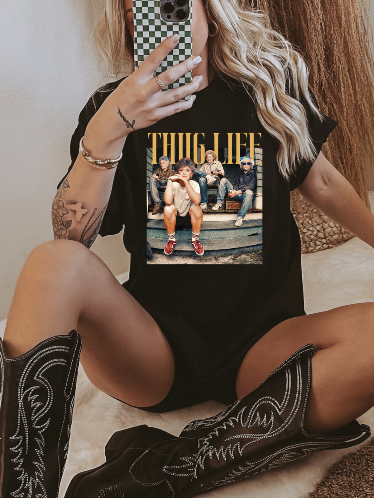 Thug Life Retro Girl Gang Graphic on Gildan Softstyle Black Shirt – Graphic Tee, Long Sleeve & Crewneck.