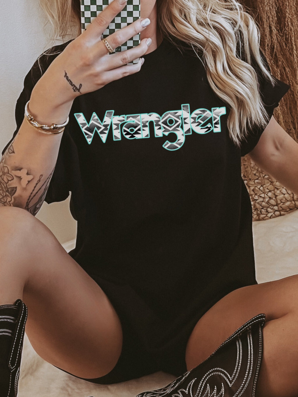 Wrangler Aztec Turquoise Graphic on Gildan Softstyle Black Shirt – Graphic Tee, Long Sleeve & Crewneck.