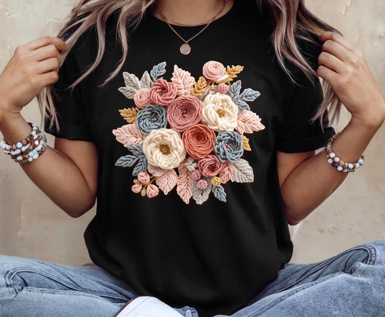 Bella Canvas Faux Embroidered Floral Bouquet Shirt