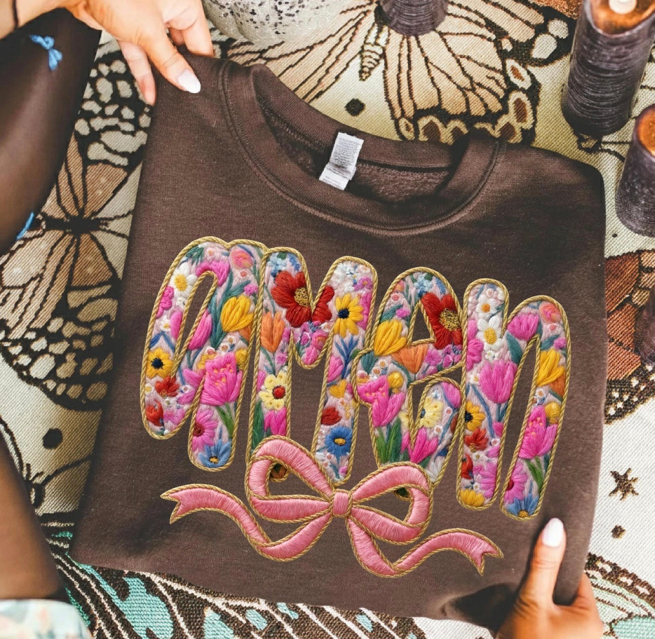 Faux Embroidered Floral AMEN  Bow Shirt – Graphic Tee, Long Sleeve & Crewneck