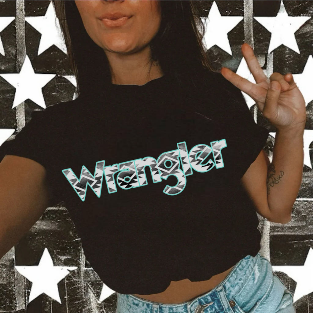 Wrangler Aztec Turquoise Graphic on Gildan Softstyle Black Shirt – Graphic Tee, Long Sleeve & Crewneck.