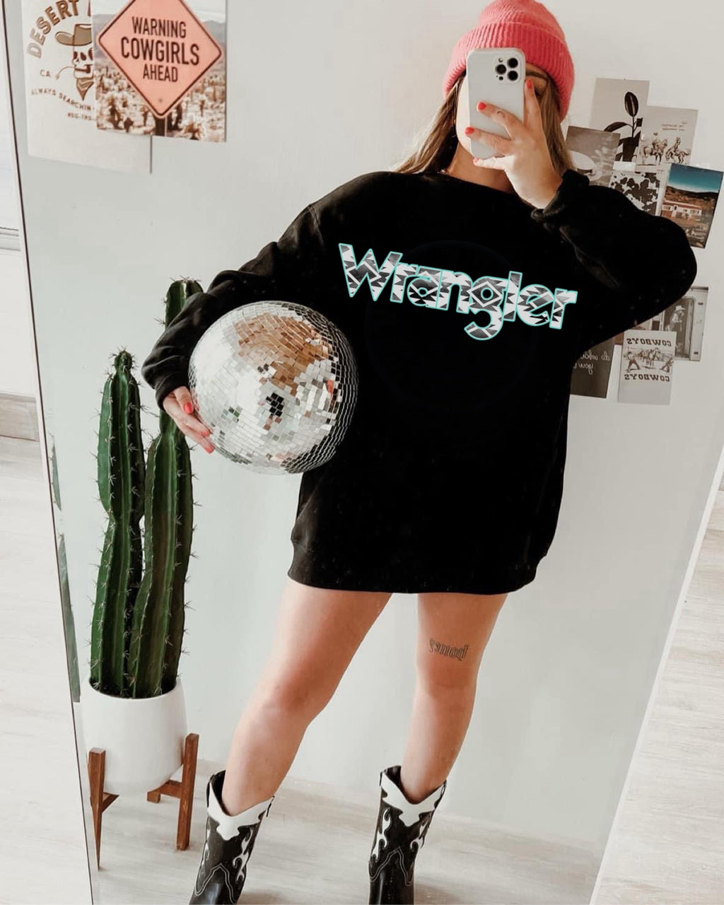Wrangler Aztec Turquoise Graphic on Gildan Softstyle Black Shirt – Graphic Tee, Long Sleeve & Crewneck.