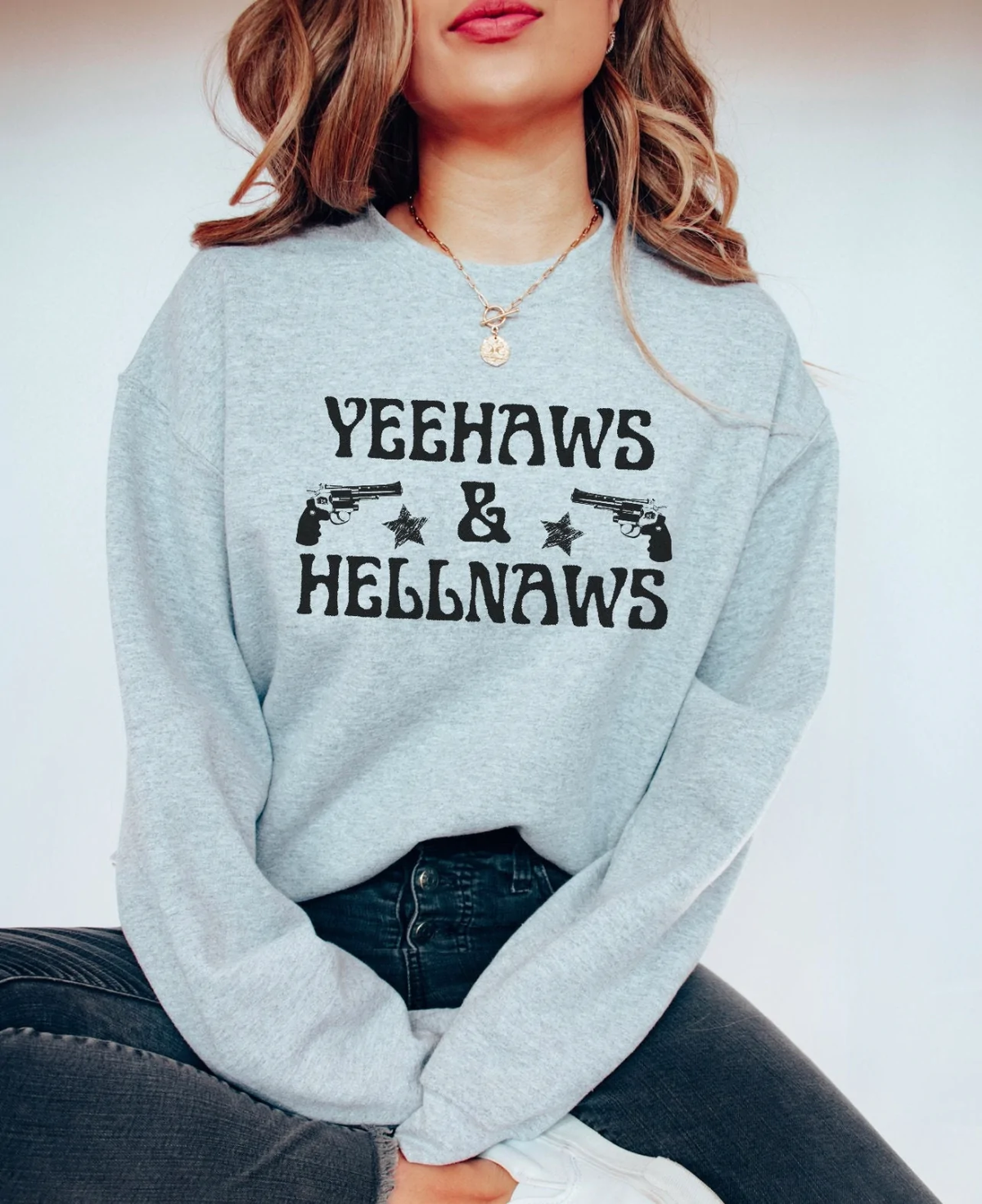 Yeehaws & Hellnaws Western Pistols Graphic on Gildan Softstyle Sport Grey Shirt – Graphic Tee, Long Sleeve & Crewneck.